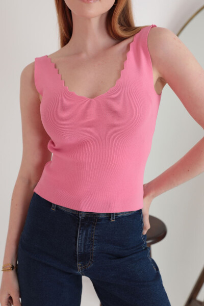 Knitted Ribbed Crew Neck Women's Blouse - Pink - 2