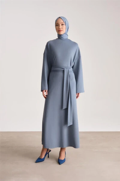 Knitted Waist Double Breasted Dress Ort9727 Indigo-Ind - 3