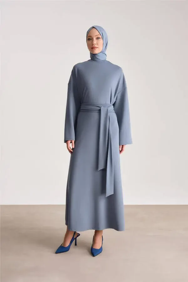 Knitted Waist Double Breasted Dress Ort9727 Indigo-Ind - 3