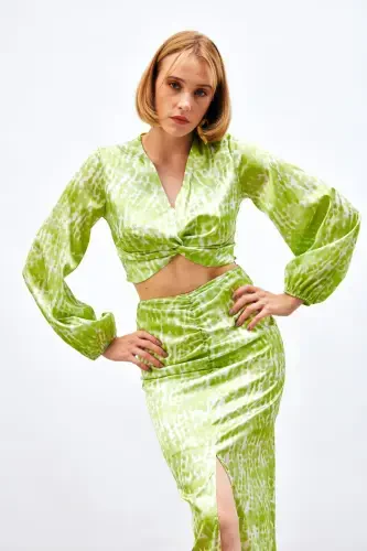 Knot Detail Patterned Blouse - OLIVE GREEN - 1