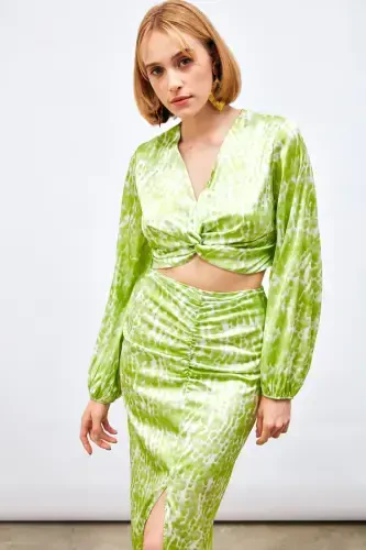 Knot Detail Patterned Blouse - OLIVE GREEN - SATEEN (1)