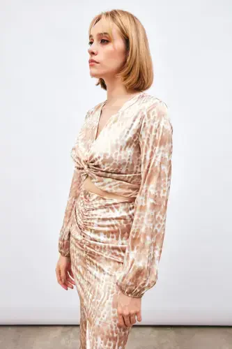 Knot Detailed Patterned Blouse - BROWN - SATEEN (1)