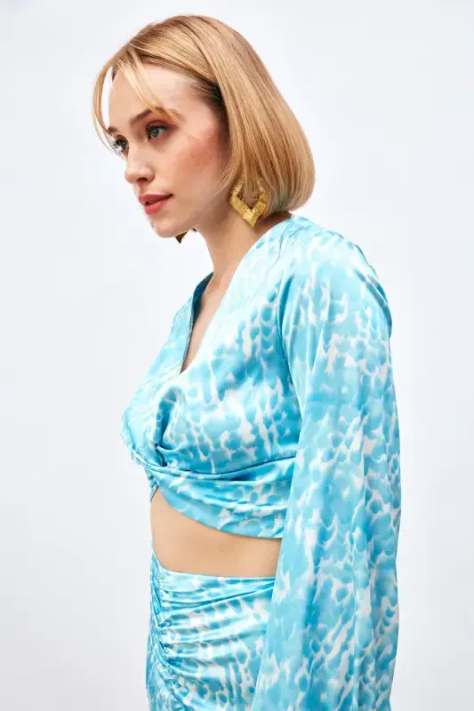 Knot Detailed Patterned Blouse - TURQUOISE - 4