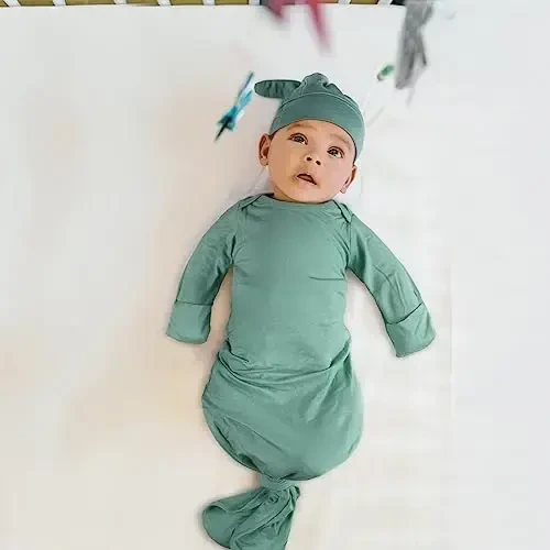 Knotted Gown Baby Newborn Hospital Outfit, Modal Infant Sleeper Gowns with Mittens, Bow and Hat Set, Nightgowns 0-3 Months - 6
