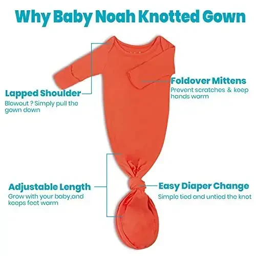 Knotted Gown Baby Newborn Hospital Outfit, Modal Infant Sleeper Gowns with Mittens, Bow and Hat Set, Nightgowns 0-3 Months - 5