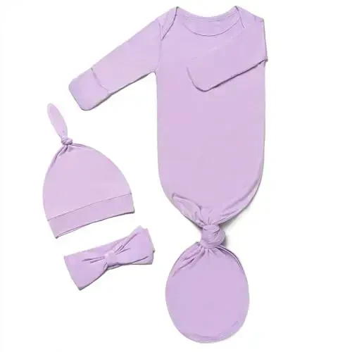 Knotted Gown Baby Newborn Hospital Outfit, Modal Infant Sleeper Gowns with Mittens, Bow and Hat Set, Nightgowns 0-3 Months - 1