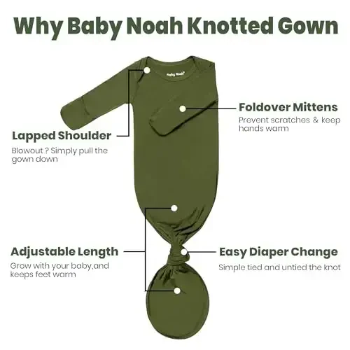 Knotted Gown Baby Newborn Hospital Outfit, Modal Infant Sleeper Gowns with Mittens, Bow and Hat Set, Nightgowns 0-3 Months - 6