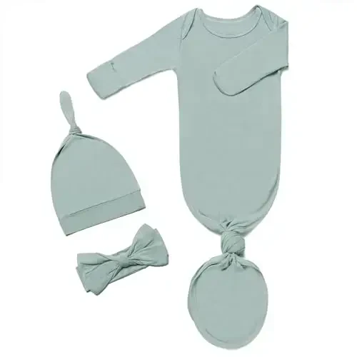 Knotted Gown Baby Newborn Hospital Outfit, Modal Infant Sleeper Gowns with Mittens, Bow and Hat Set, Nightgowns 0-3 Months - 1