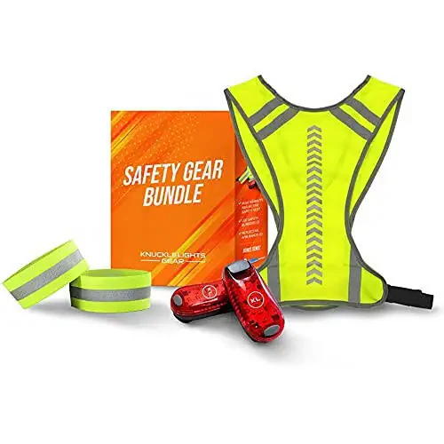 Knuckle Lights Reflective Running Gear Safety Bundle - Reflective Vest, LED Safety Light, Reflective Bands, Night Safety Gear for Runners, Cycling, Hiking, Walking - High Visibility Reflective Gear - 1