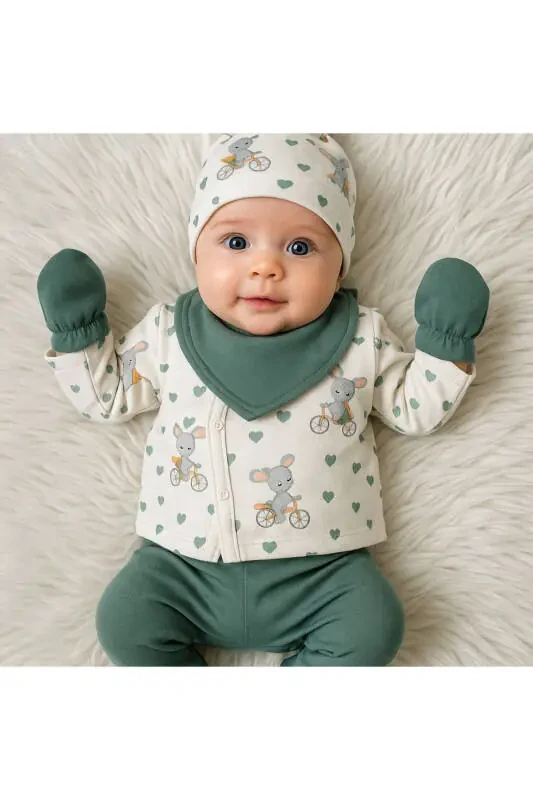 Koala on a Bicycle Pattern Zümrüt Yeşil 5’li Yenidoğan Unisex Bebek Hastane Çıkışı Seti - 2