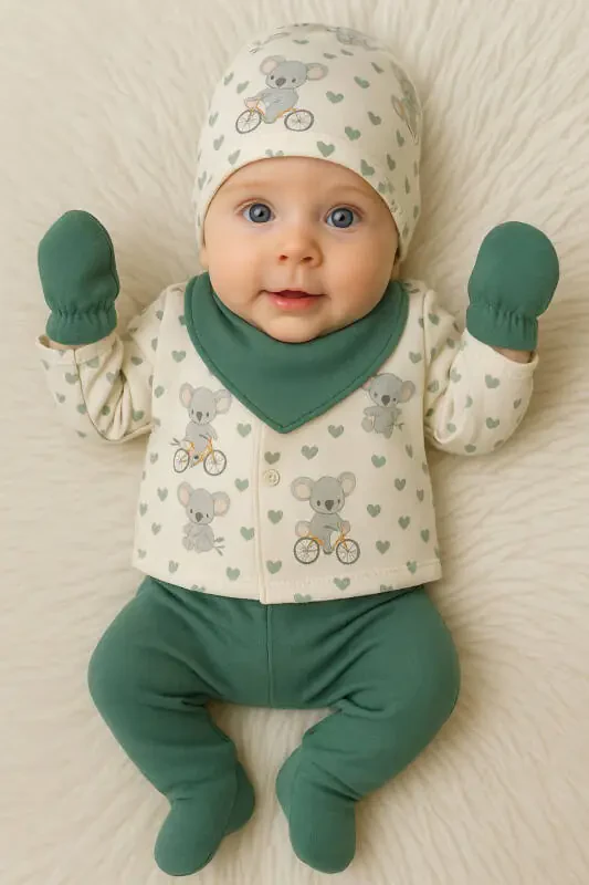 Koala on a Bicycle Pattern Emerald Green 5-piece Newborn Unisex Baby Hospital Discharge Set - 1