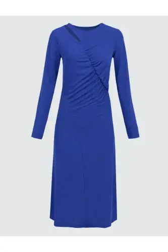 Kobalt Rangli Uzun Yengli Derazali Midi Ko'ylak - 7