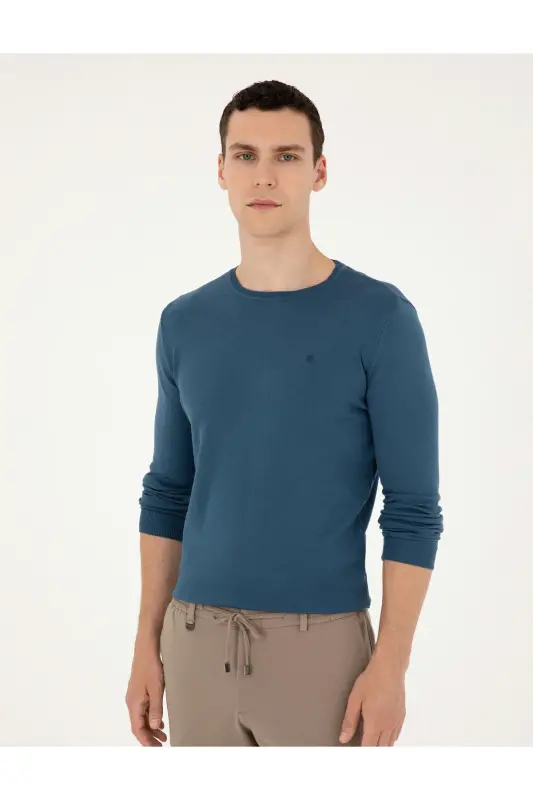 Kobalt Slim Fit Bisiklet Yaka Basic Triko Kazak 50296621-VR077 - Kobalt - 3