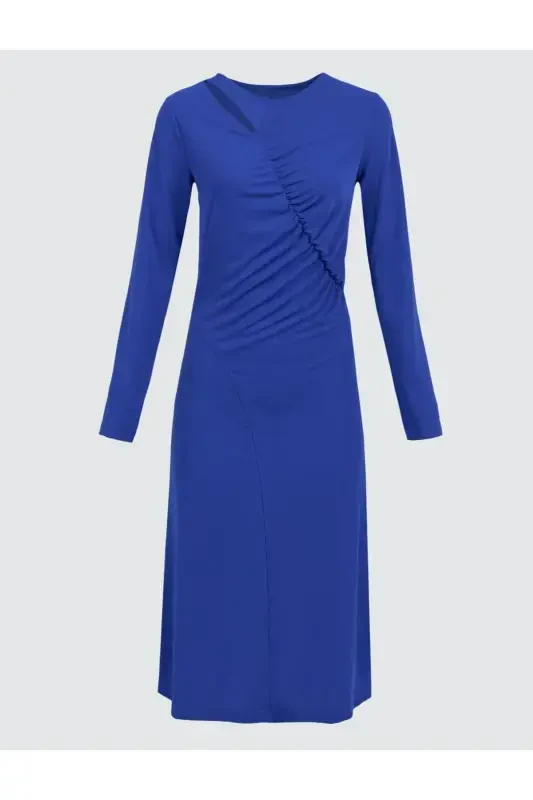 Кобальтовое платье миди с длинным рукавом и деталями в виде окна - 7