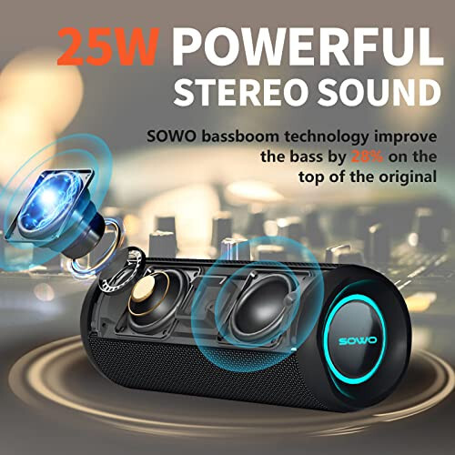 Ko'chma Hoparlör, Simsiz Bluetooth Hoparlör, IPX7 Su o'tkazmaydigan, 25Vt Baland Stereo Ovoz, Bassboom Texnologiyasi, TWS Juftlashtirish, O'rnatilgan Mikrofon, Uy va Tashqi uchun Yorug'lik bilan 16 soat O'ynash vaqti - Qora - SOWO (1)