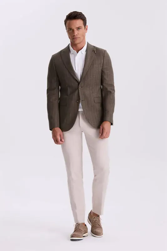 Kofe Slim Fit Qaldirg'och Yoqali Chiziqli Zig'ir Paxta Mavsumiy Kurtka - 2