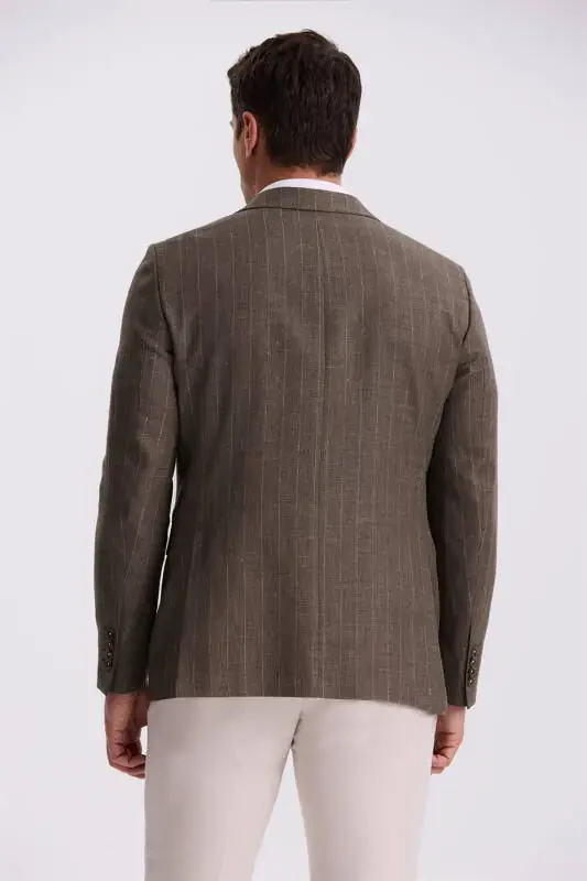 Kofe Slim Fit Qaldirg'och Yoqali Chiziqli Zig'ir Paxta Mavsumiy Kurtka - 4