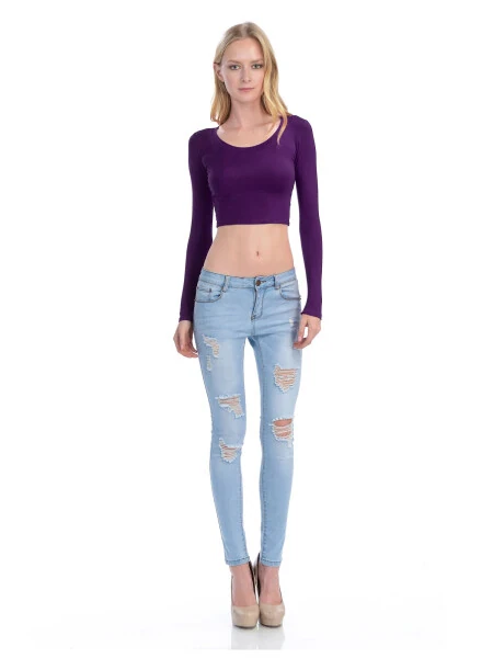 KOGMO Ayollar uzun yengli Crop Top qattiq dumaloq bo'yinli futbolka - 3