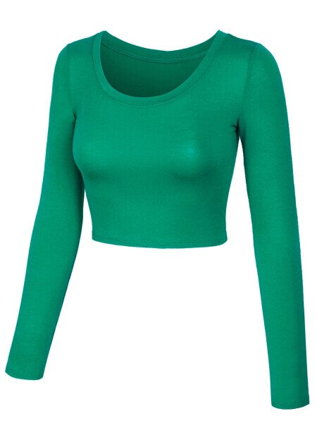 KOGMO Womens Long Sleeve Crop Top Solid Round Neck T Shirt- - KOGMO (1)