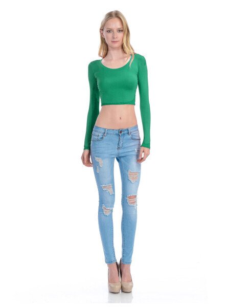 KOGMO Womens Long Sleeve Crop Top Solid Round Neck T Shirt- - 5