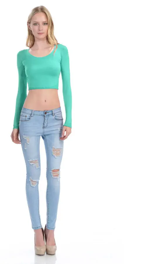 KOGMO Womens Long Sleeve Crop Top Solid Round Neck T Shirt- - 5