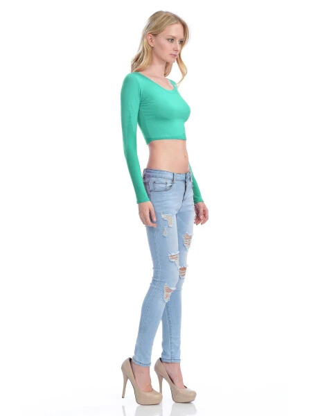 KOGMO Womens Long Sleeve Crop Top Solid Round Neck T Shirt- - 6