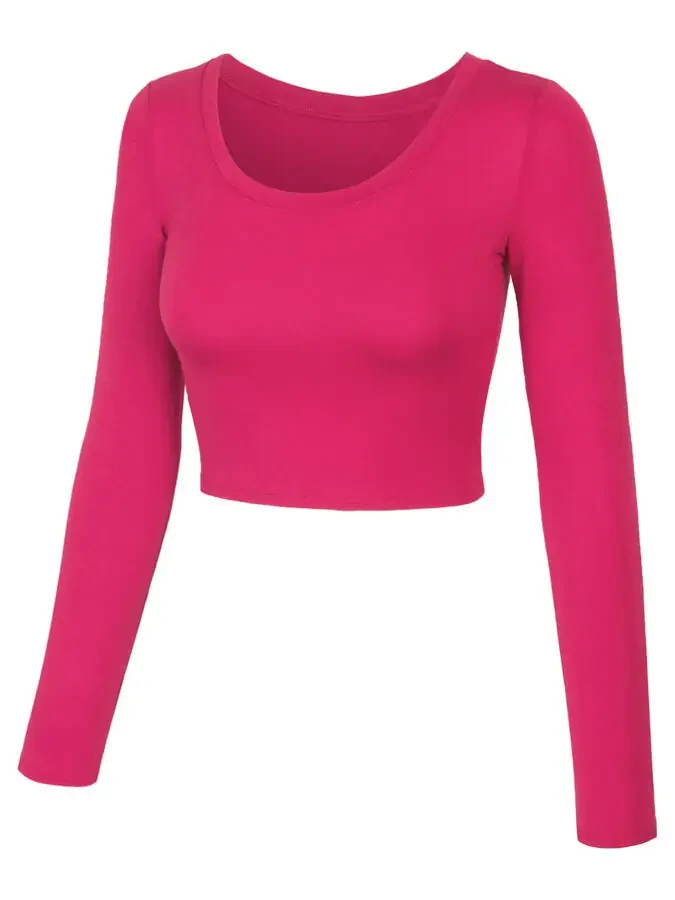 KOGMO Womens Long Sleeve Crop Top Solid Round Neck T Shirt- - 2