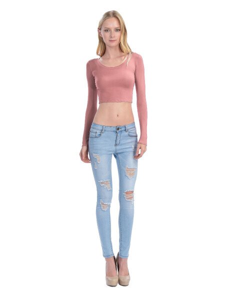 KOGMO Womens Long Sleeve Crop Top Solid Round Neck T Shirt- - 5