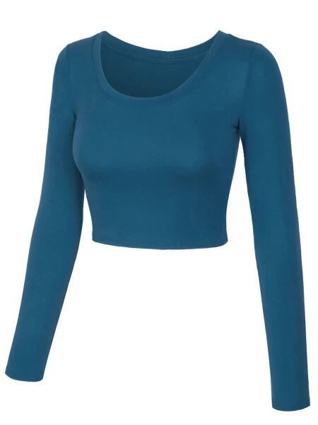 KOGMO Kadın Uzun Kollu Crop Top Katı Yuvarlak Yaka T-Shirt - KOGMO (1)