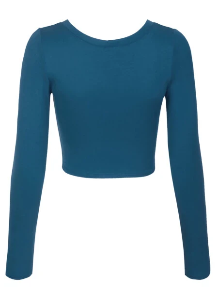 KOGMO Kadın Uzun Kollu Crop Top Katı Yuvarlak Yaka T-Shirt - 3