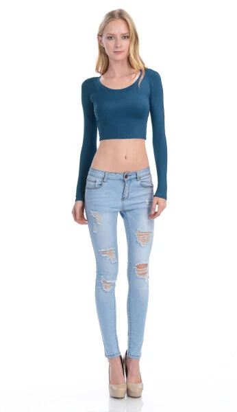 KOGMO Kadın Uzun Kollu Crop Top Katı Yuvarlak Yaka T-Shirt - 5