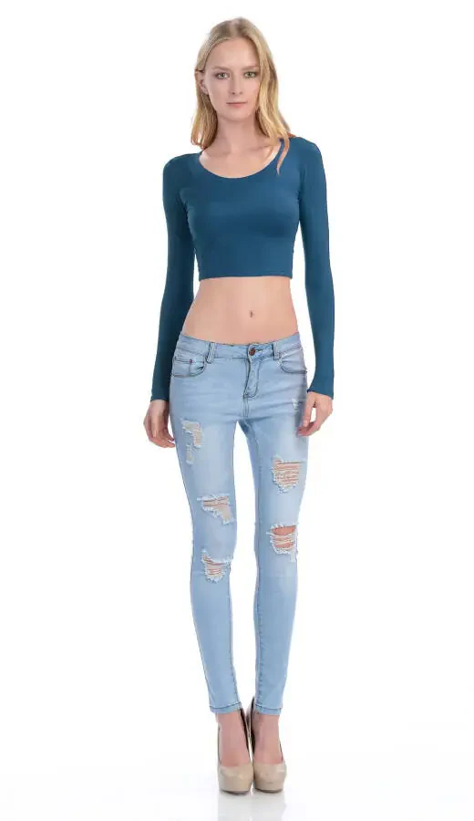 KOGMO Kadın Uzun Kollu Crop Top Katı Yuvarlak Yaka T-Shirt - 5