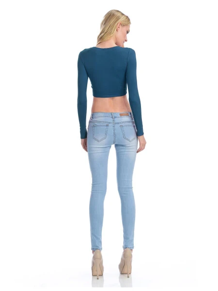 KOGMO Kadın Uzun Kollu Crop Top Katı Yuvarlak Yaka T-Shirt - 7