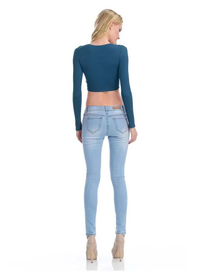 KOGMO Kadın Uzun Kollu Crop Top Katı Yuvarlak Yaka T-Shirt - 7