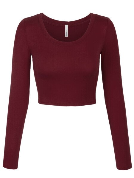 KOGMO Womens Long Sleeve Crop Top Solid Round Neck T Shirt- - KOGMO