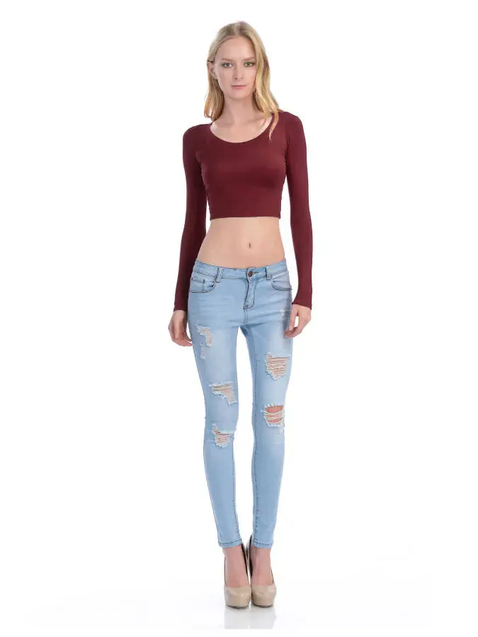 KOGMO Womens Long Sleeve Crop Top Solid Round Neck T Shirt- - 5