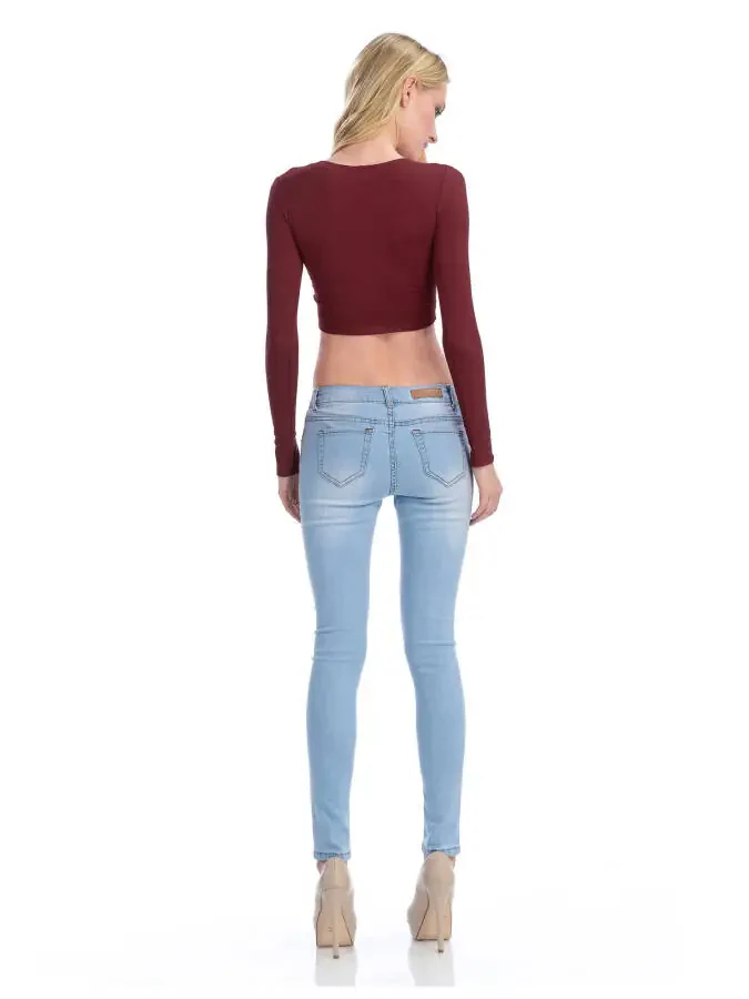 KOGMO Womens Long Sleeve Crop Top Solid Round Neck T Shirt- - 7