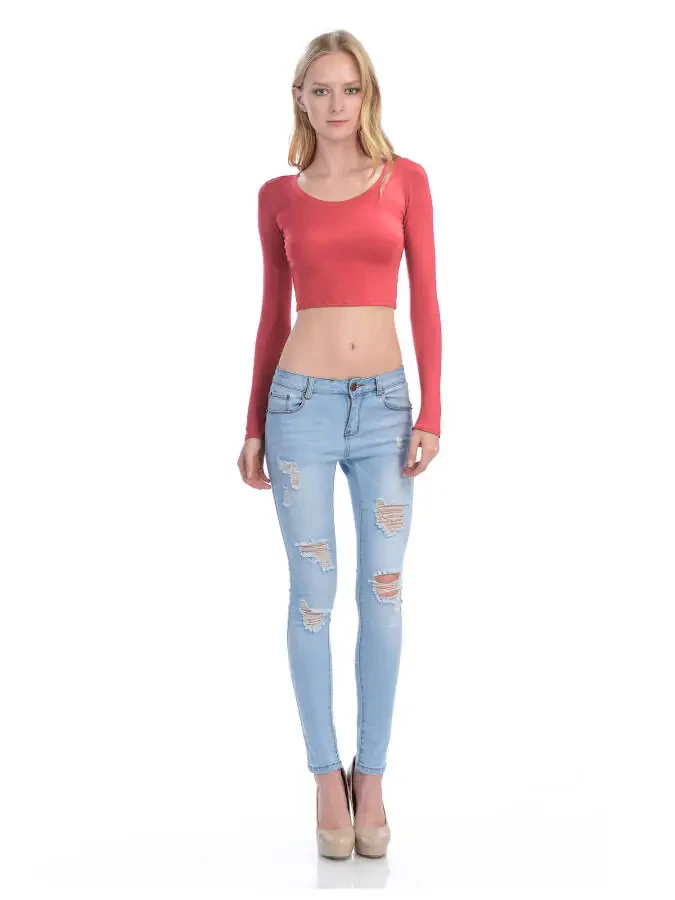 KOGMO Womens Long Sleeve Crop Top Solid Round Neck T Shirt- - 5