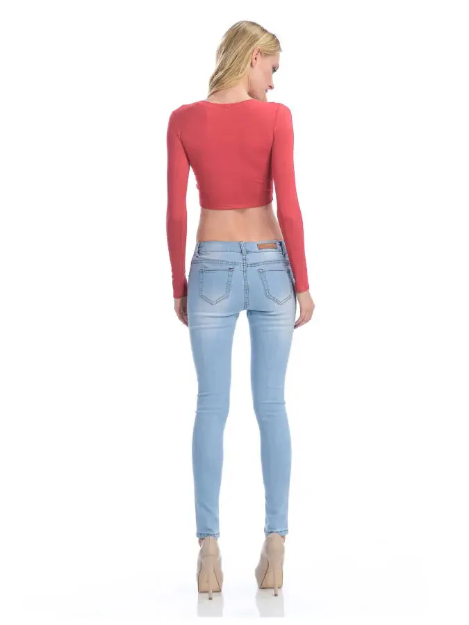 KOGMO Womens Long Sleeve Crop Top Solid Round Neck T Shirt- - 7