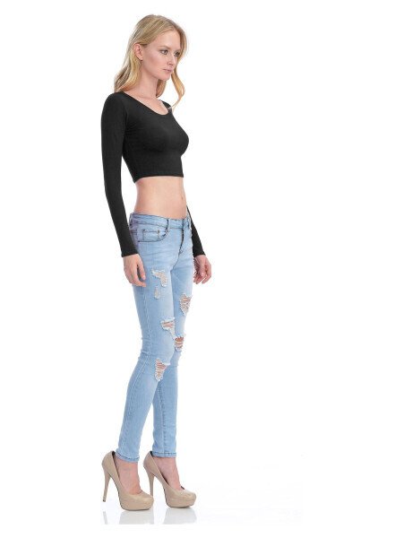 KOGMO Womens Long Sleeve Crop Top Solid Round Neck T Shirt- - 5