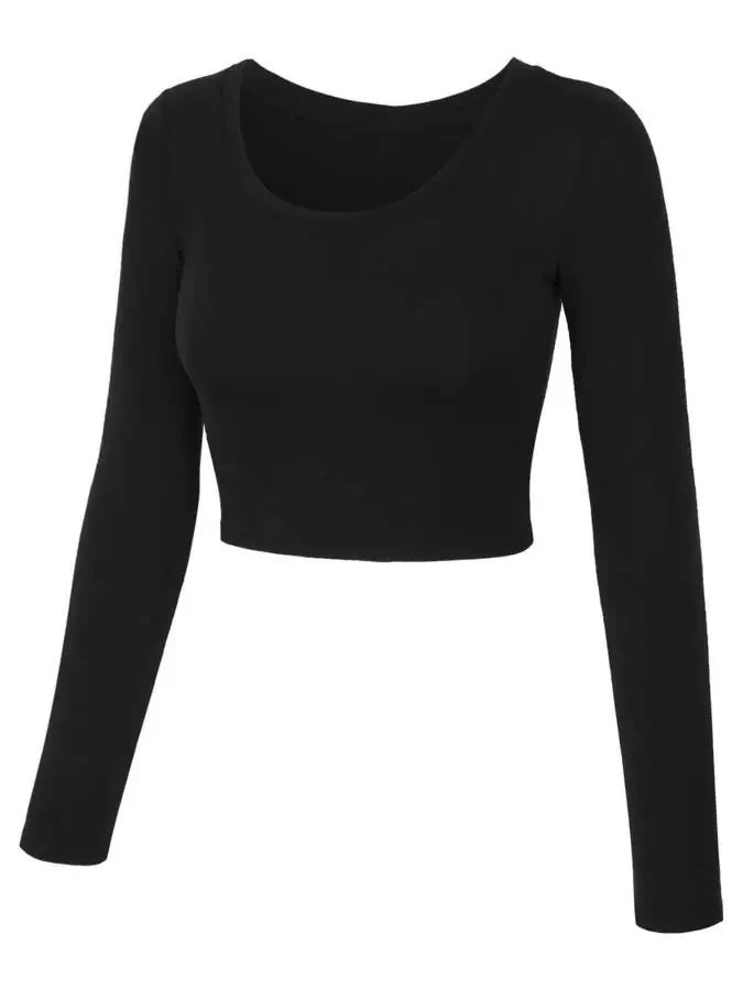 KOGMO Womens Long Sleeve Crop Top Solid Round Neck T Shirt- - 6