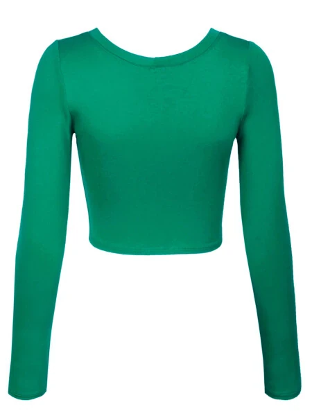 KOGMO Kadın Uzun Kollu Kısaltılmış Crop Top Basit Yuvarlak Yaka Tişört - 3