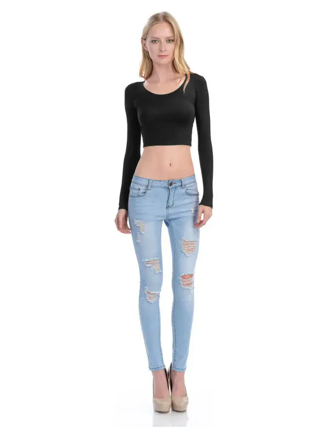 KOGMO Women's Long Sleeve Crop Top Solid Round Neck T Shirt - 4