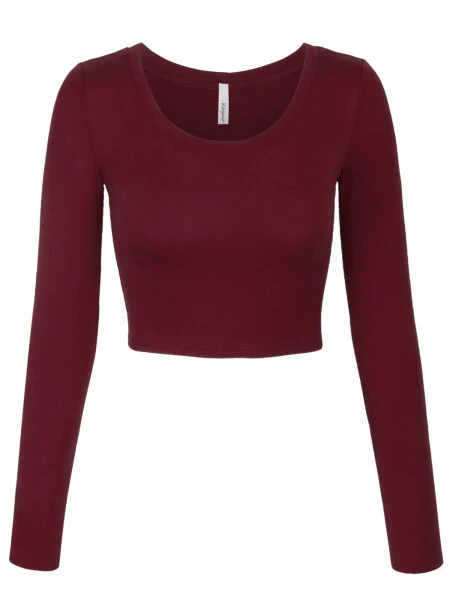 KOGMO Women's Long Sleeve Crop Top Solid Round Neck T Shirt - KOGMO