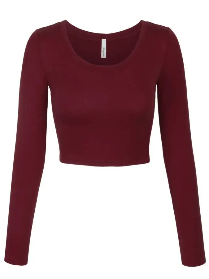 KOGMO Women's Long Sleeve Crop Top Solid Round Neck T Shirt - 1
