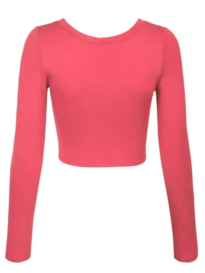 KOGMO Women's Long Sleeve Crop Top Solid Round Neck T Shirt - 3