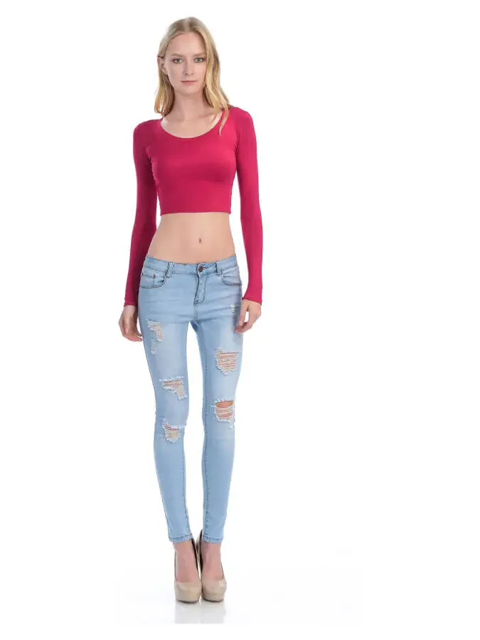 KOGMO Women's Long Sleeve Crop Top Solid Round Neck T Shirt - 5