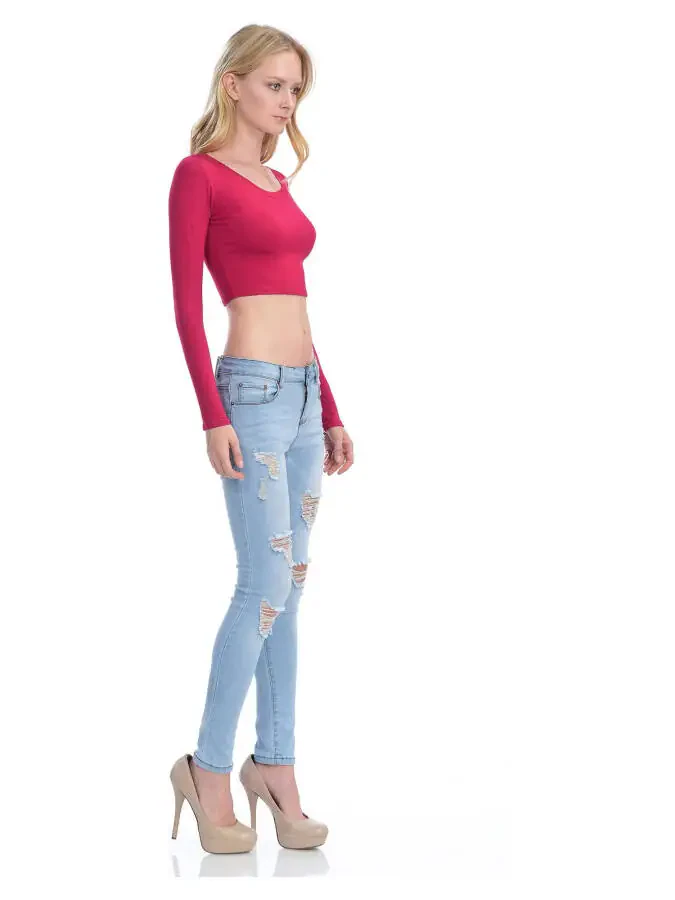 KOGMO Women's Long Sleeve Crop Top Solid Round Neck T Shirt - 6