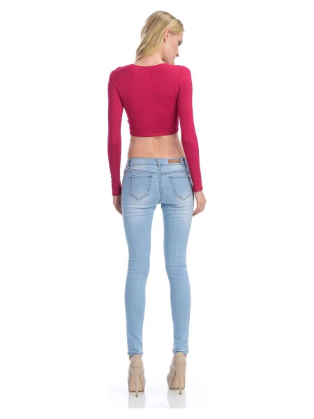 KOGMO Women's Long Sleeve Crop Top Solid Round Neck T Shirt - 7