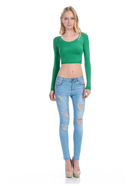 KOGMO Women's Long Sleeve Crop Top Solid Round Neck T Shirt - 5